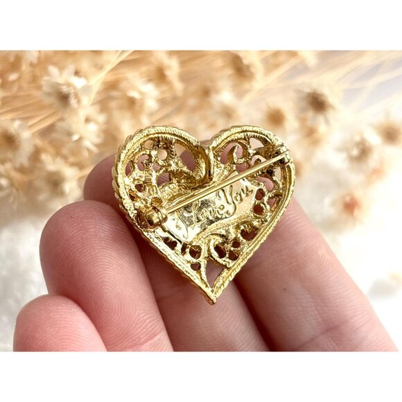 Heart Shaped Textured "I Love You" Rhinestoned and Enameled Brooch - Picture 7 of 10